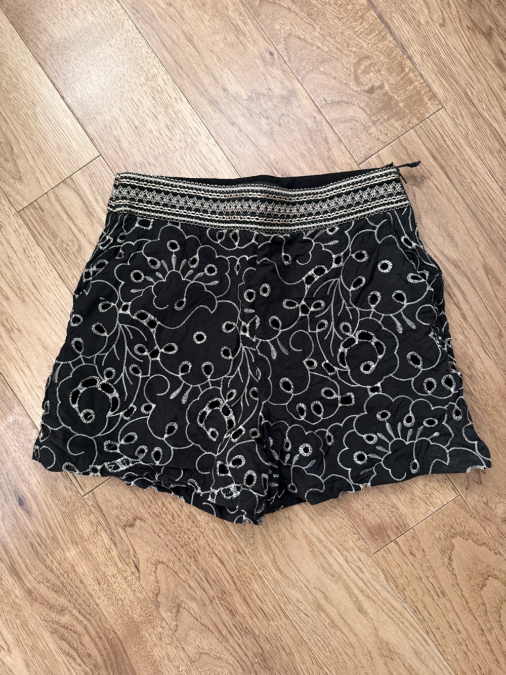 Black Metallic Embroidered Floral Shorts